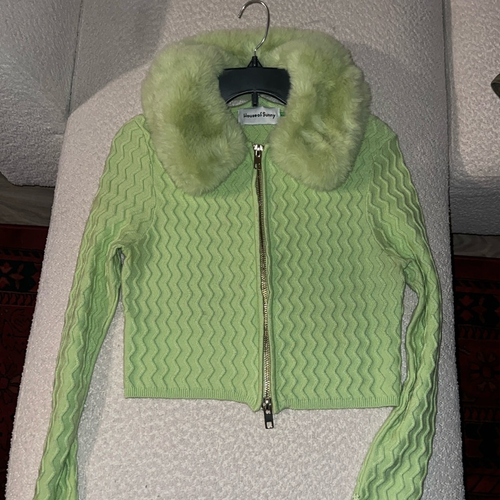 COPY - house of sunny green peggy fur trim cardigan